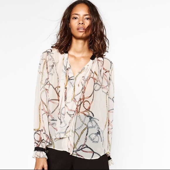 Zara Tops - Zara Chain Print Blouse With Front Ribbon
